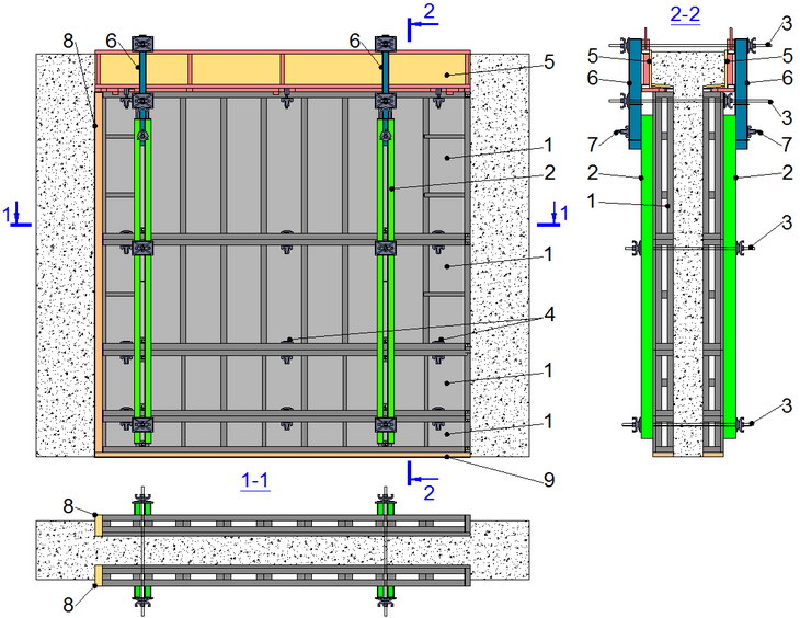 Схема опалубки МОДОСТР для монолитных стен с консолями