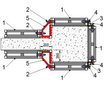 Схема опалубки МОДОСТР для примыкающего стыка монолитной стены с колонной